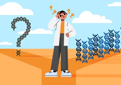 Cartoon of scientist deciding whether to go down the path of well-studied genes or that of the neglected genes.&nbsp;